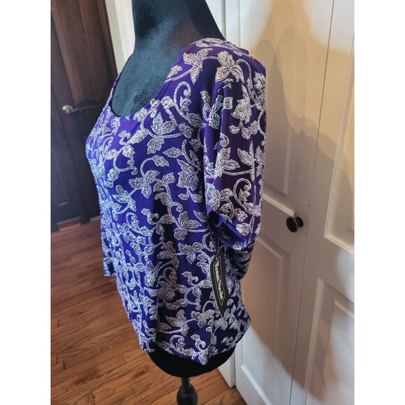 NWT Vintage Y2K Purple/Silver Floral Slinky Top XL Glitter Square Neck Retro - Picture 7 of 9